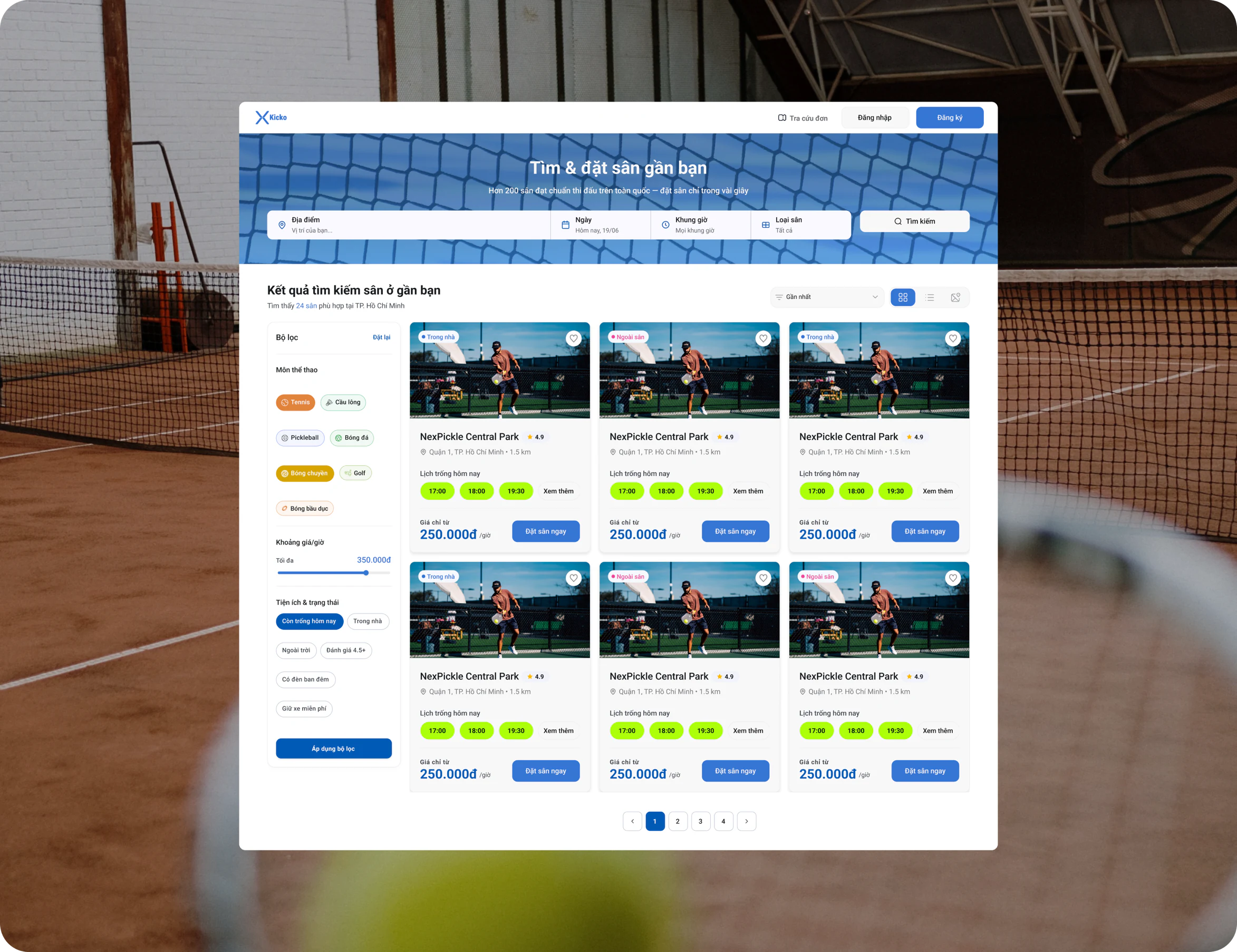 Giao diện tìm & đặt sân của Kicko trên nền sân tennis